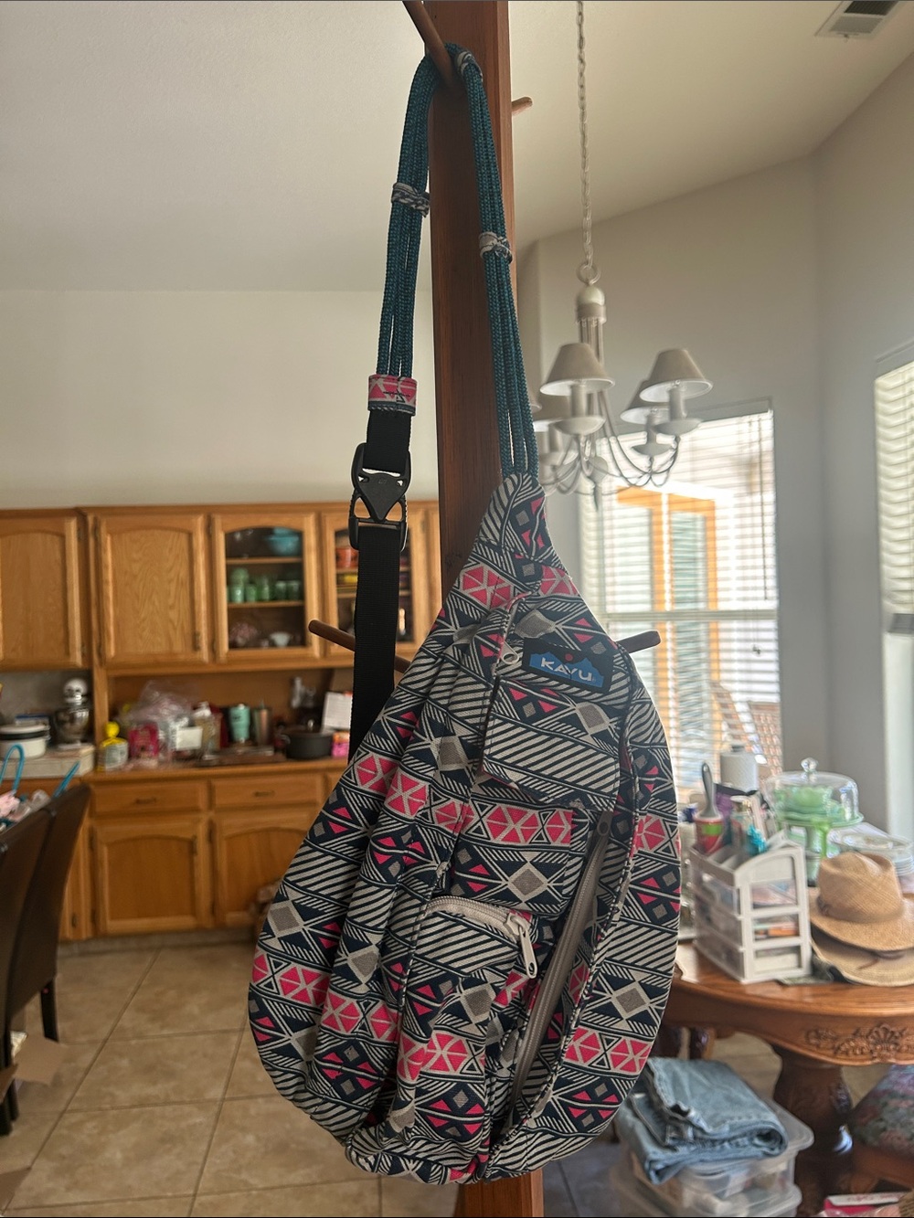 Kavu Sling Bag in Black, Pink & White Geo Pattern